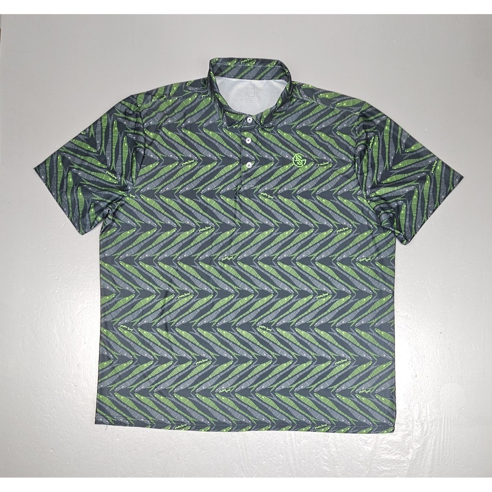 Googan Squad Polo Shirt Mens 2XL Black Green Dart Fish Performance UPF 50